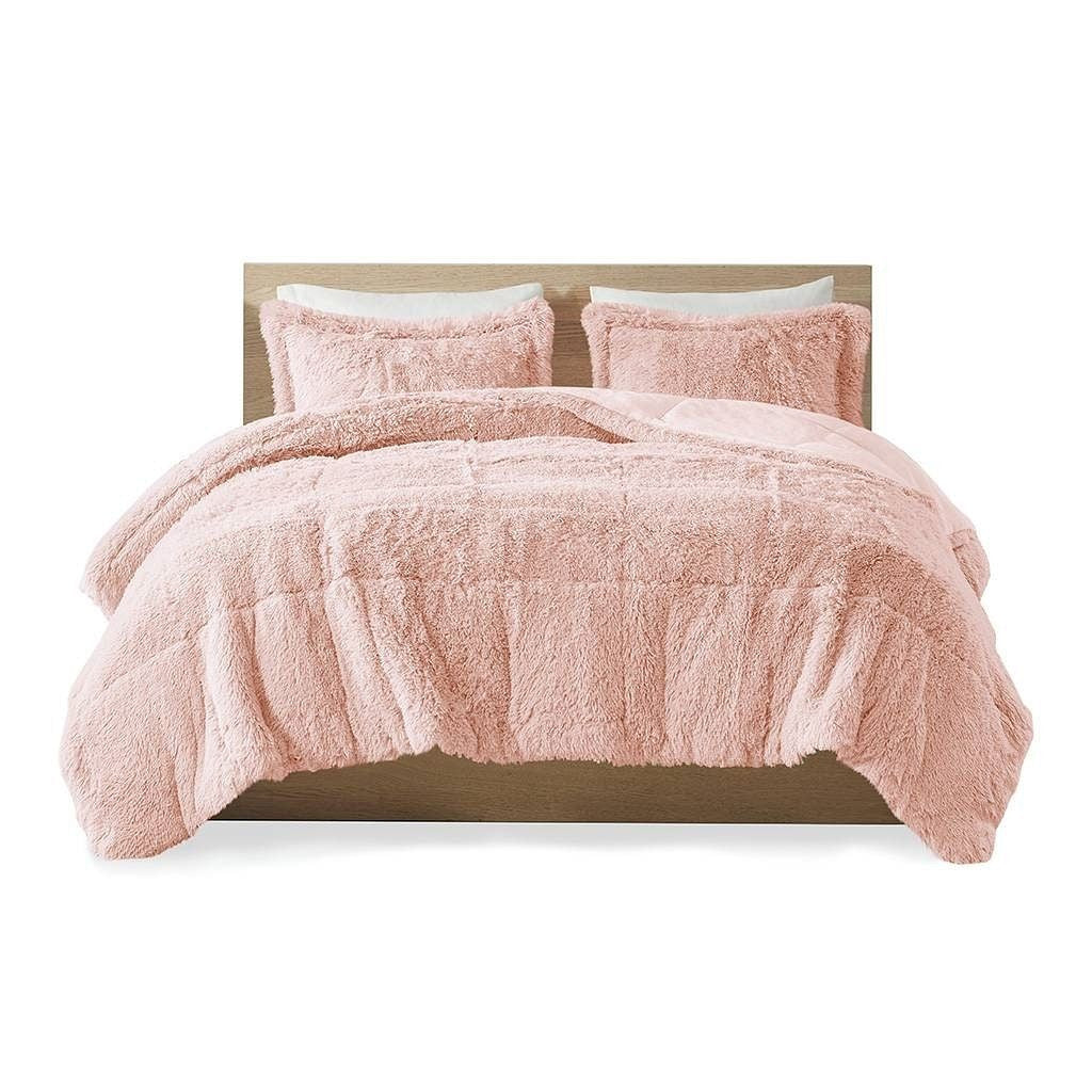 Full/Queen Pink Blush Soft Sherpa Faux Fur 3-Piece Comforter Set-1