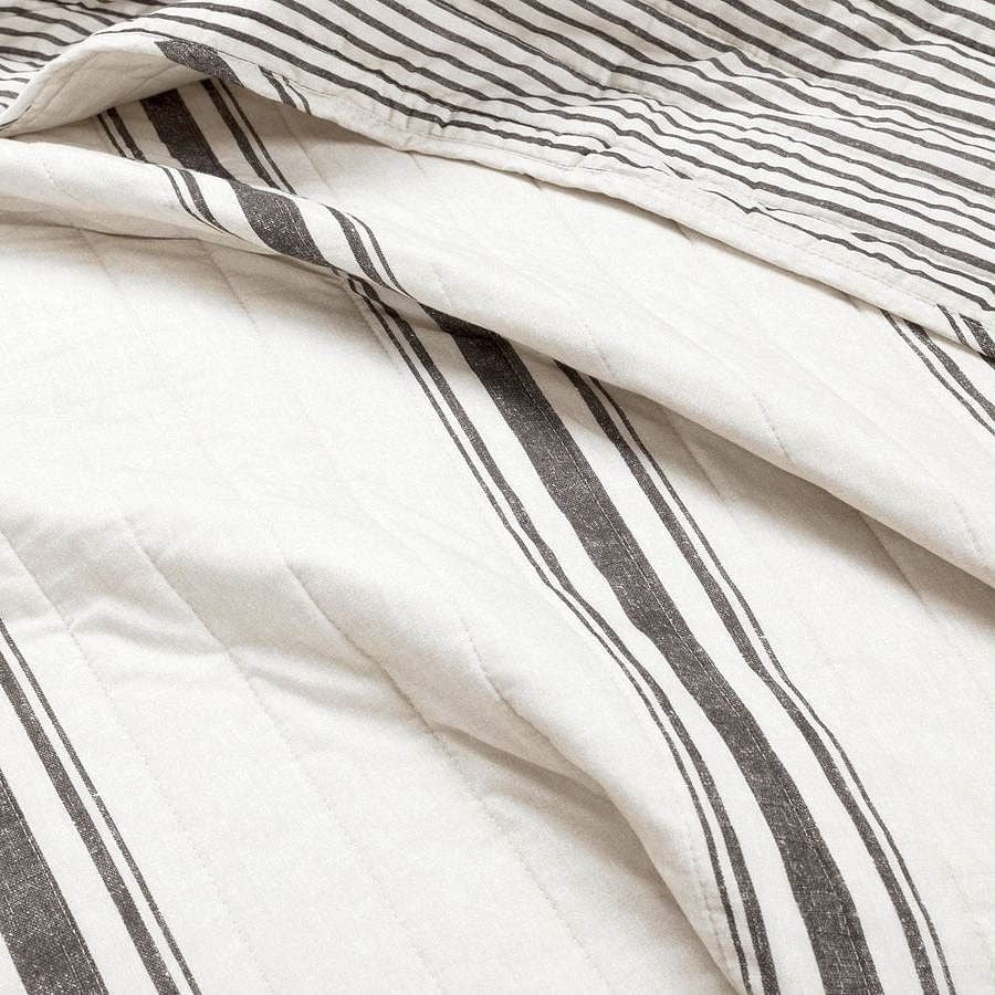 Twin/Twin XL Black Off-White Cream Stripe Reversible Cotton 2 Piece Quilt Set-1