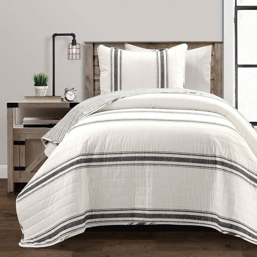 Twin/Twin XL Black Off-White Cream Stripe Reversible Cotton 2 Piece Quilt Set-2