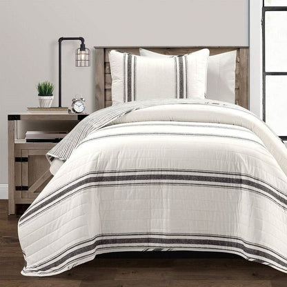 Twin/Twin XL Black Off-White Cream Stripe Reversible Cotton 2 Piece Quilt Set-2