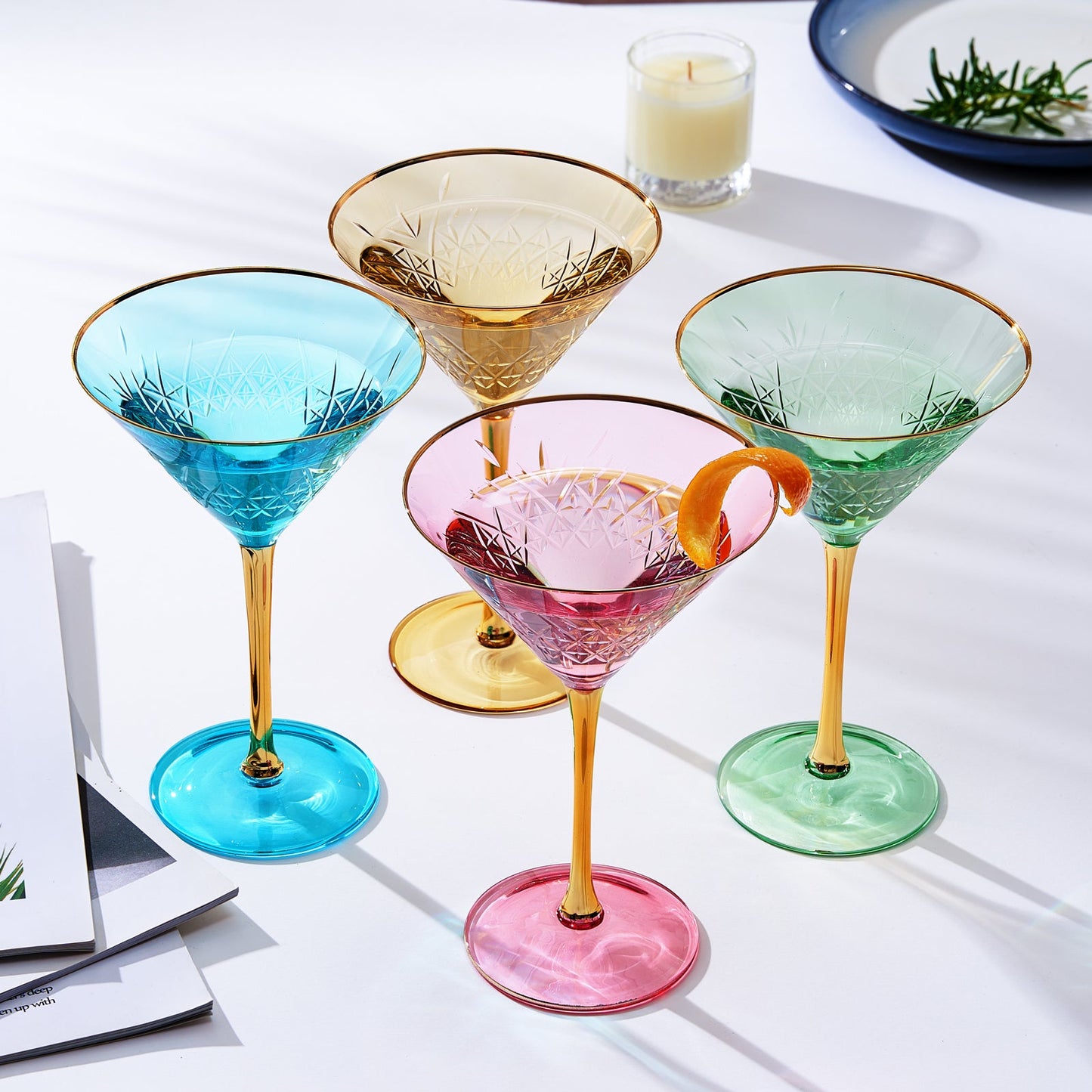 Crystal Martini Glasses Colored - Set of 4 - Stemmed Multi-Color Glass, Great for all Drink Types and Occasions - Luxury, Durable, Hand-Blown Vintage Art Deco Coupe for Champagne, Martini, Cocktails-1