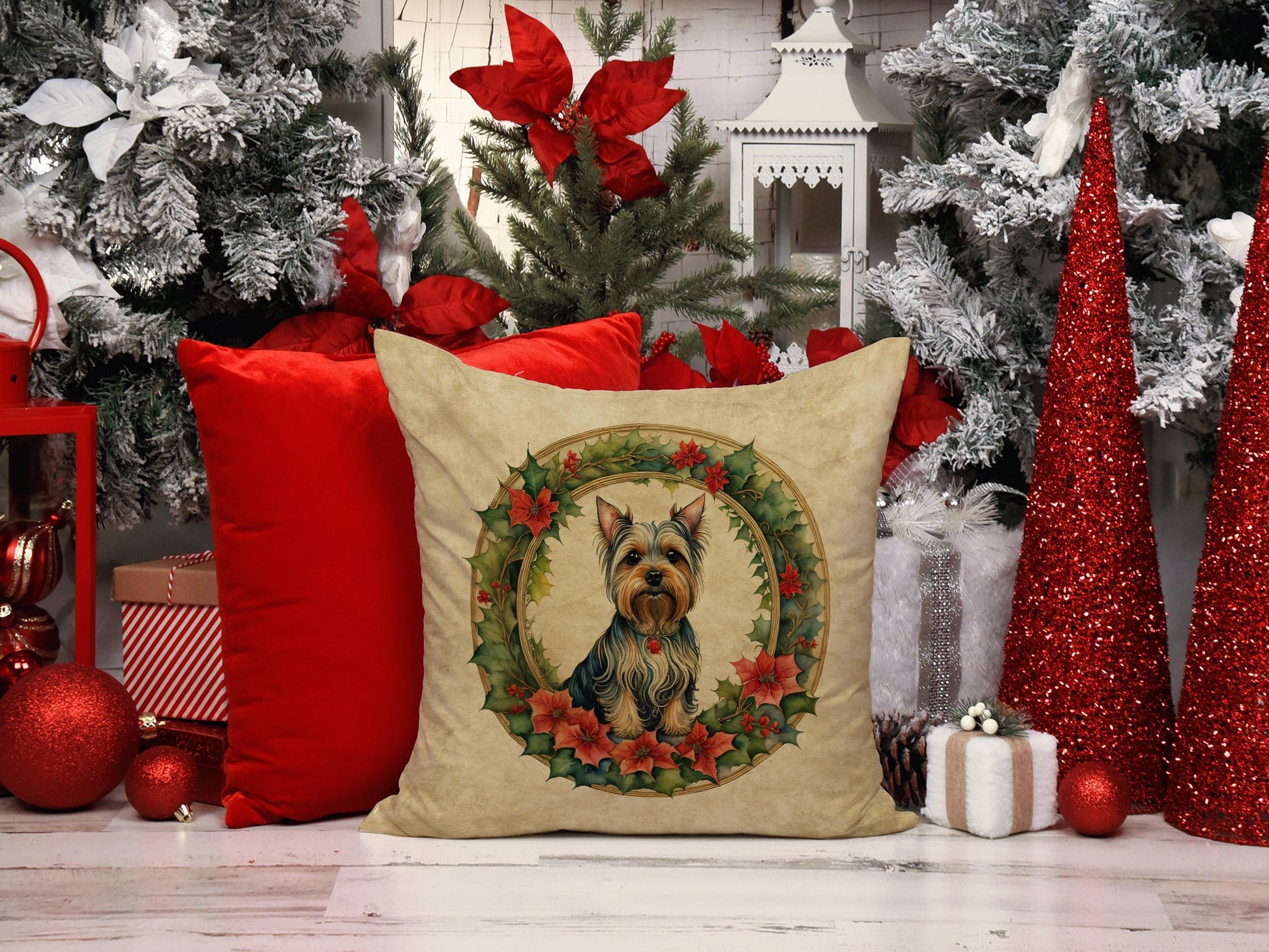 Silky Terrier Christmas Flowers Throw Pillow-1
