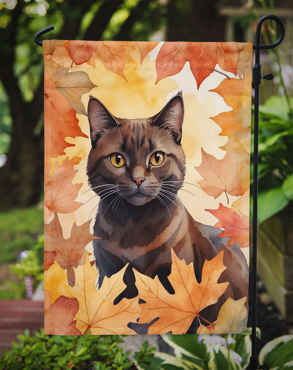 York Chocolate Cat in Fall Leaves Garden Flag-2