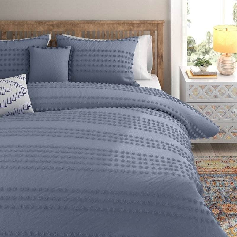 Full/Queen size 5-Piece 100-Percent Cotton Clip Dot Comforter Set in Denim Blue-2