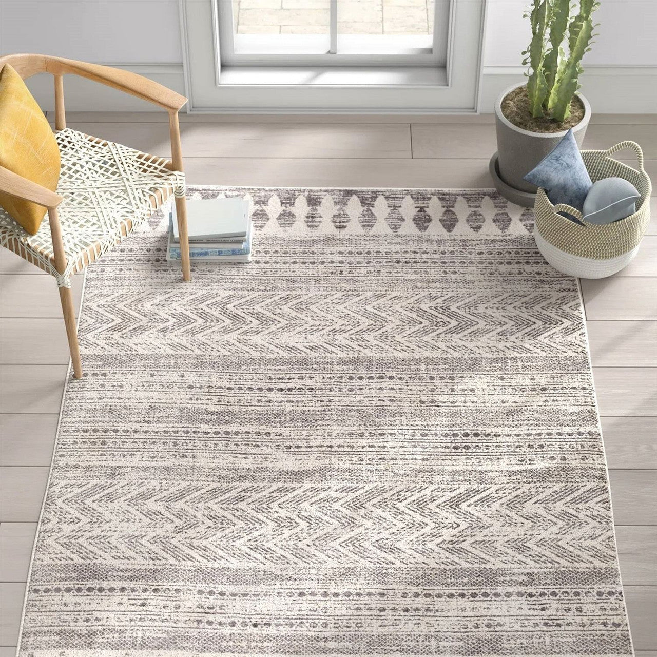 5-ft. x 7-ft. Grey Ivory Chevron Stripe Geometric Boho Style Area Rug-2