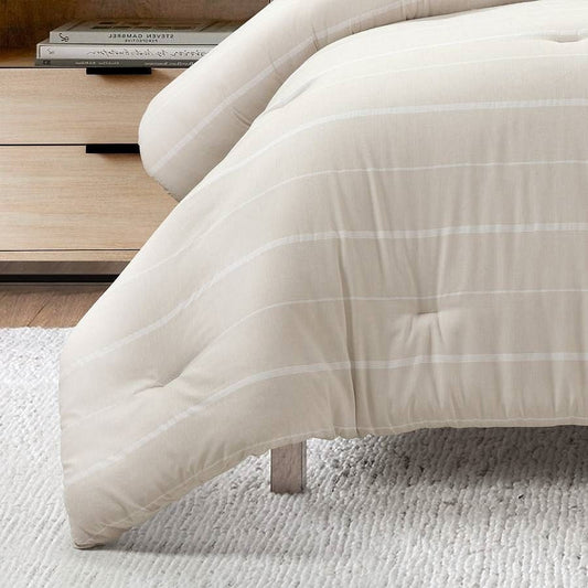 Full/Queen Beige Off-White Stripe Lightweight 3-Piece Comforter Set-0
