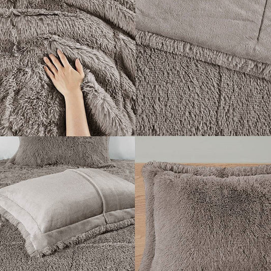 Twin/Twin XL Grey Soft Sherpa Faux Fur 2-Piece Comforter Set with Pillow Shams-0