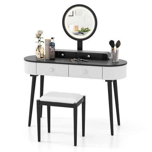 Makeup Vanity Table Set with LED Mirror and 3 Spacious Drawers-White and Black-2