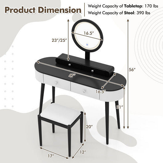 Makeup Vanity Table Set with LED Mirror and 3 Spacious Drawers-White and Black-3