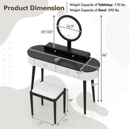 Makeup Vanity Table Set with LED Mirror and 3 Spacious Drawers-White and Black-3
