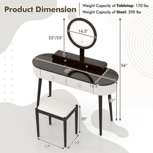 Makeup Vanity Table Set with LED Mirror and 3 Spacious Drawers-White and Black-13