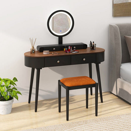 Makeup Vanity Table Set with LED Mirror and 3 Spacious Drawers-White and Black-16