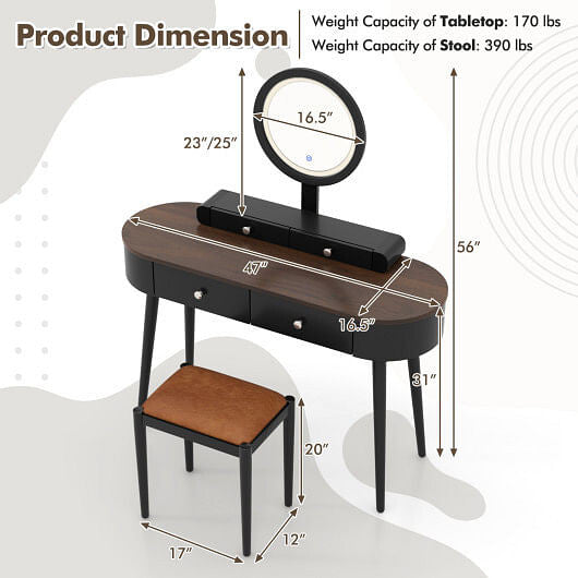 Makeup Vanity Table Set with LED Mirror and 3 Spacious Drawers-White and Black-18