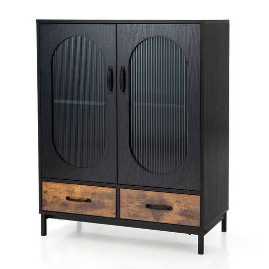 Modern Black Brown Metal Wood Sideboard Dining Buffet Cabinet with Glass Doors-0