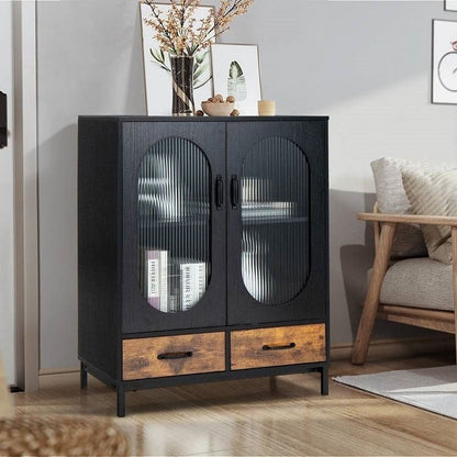 Modern Black Brown Metal Wood Sideboard Dining Buffet Cabinet with Glass Doors-1