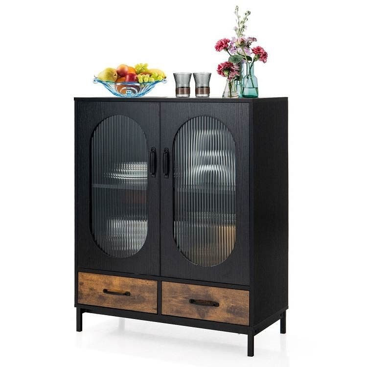 Modern Black Brown Metal Wood Sideboard Dining Buffet Cabinet with Glass Doors-2