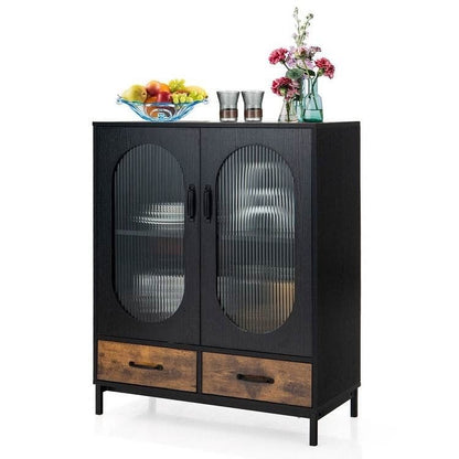 Modern Black Brown Metal Wood Sideboard Dining Buffet Cabinet with Glass Doors-2