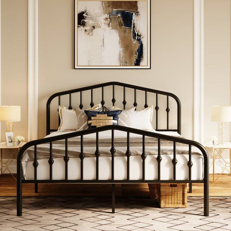 King Farmhouse Spindle Black Metal Platform Bed Frame with Headboard Footboard-0