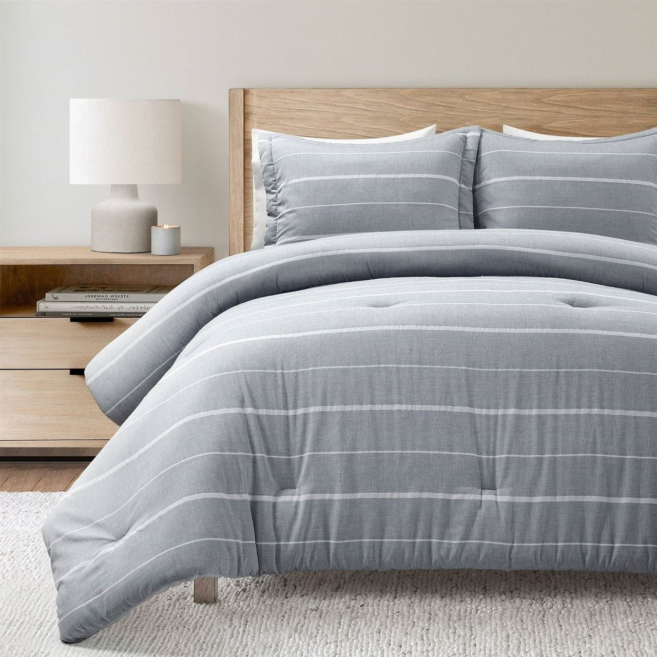King/California King Blue Grey Off-White Stripe 3-Piece Comforter Set-2