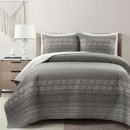 King Size Scandinavian Dark Grey Chevron Stripe Reversible Cotton Quilt Set-2