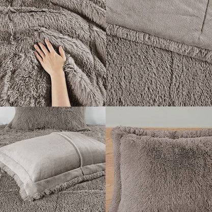 King/CAL King Grey Soft Sherpa Faux Fur 3-Piece Comforter Set with Pillow Shams-0