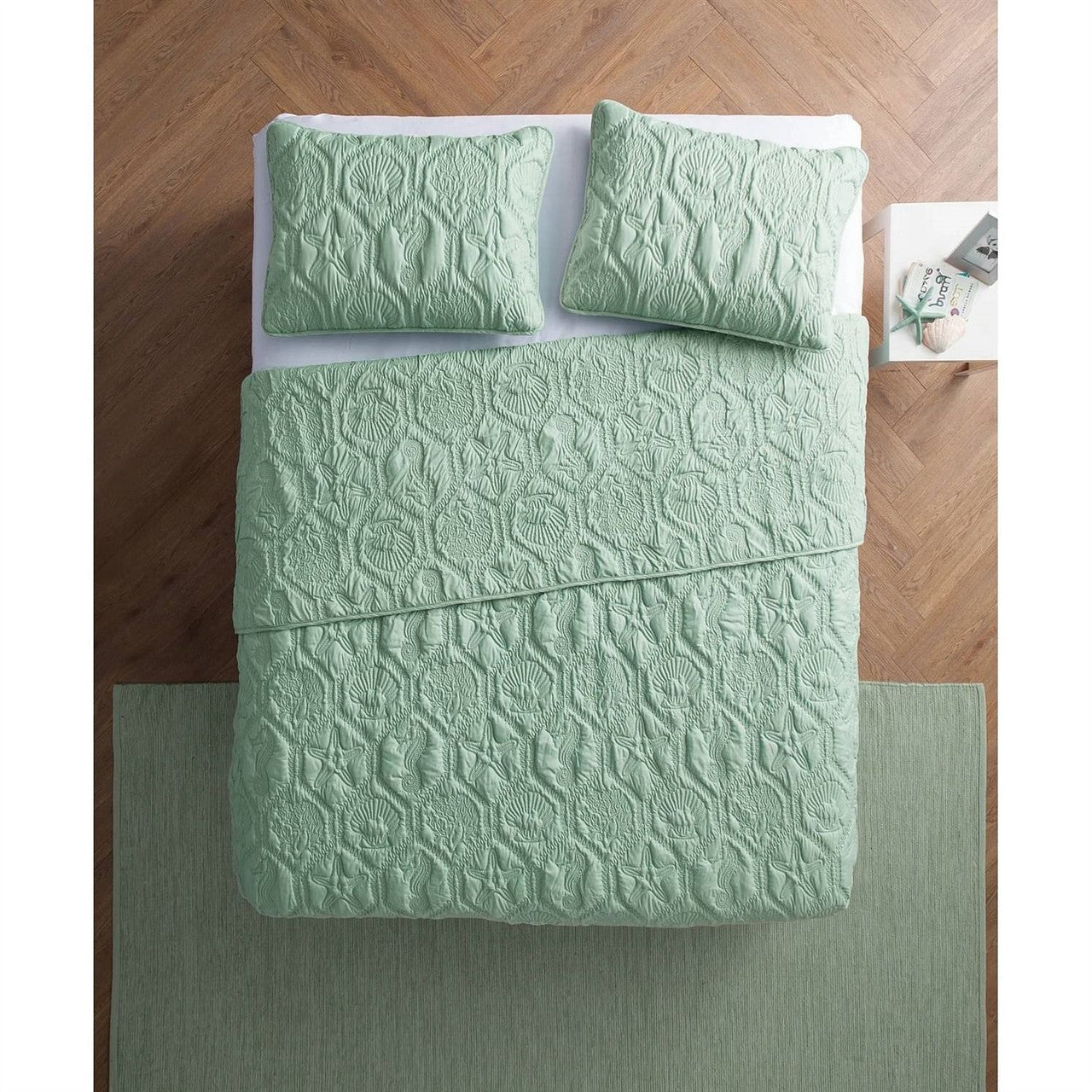 King Coastal Beach Starfish Seashell Seahorse Light Green Teal Quilt Set-1