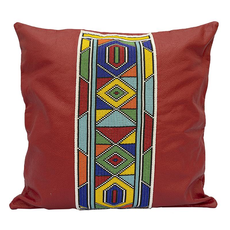 Beaded Leather Pillow Cover | Red Square-1