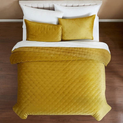 Full / Queen 3-Piece Mustard Yellow Velvet Embroidered Lavishly Soft Quilt Set-2