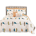 Full/Queen Orange White Blue Floral Birds On Wire 7 Piece Lightweight Quilt Set-0