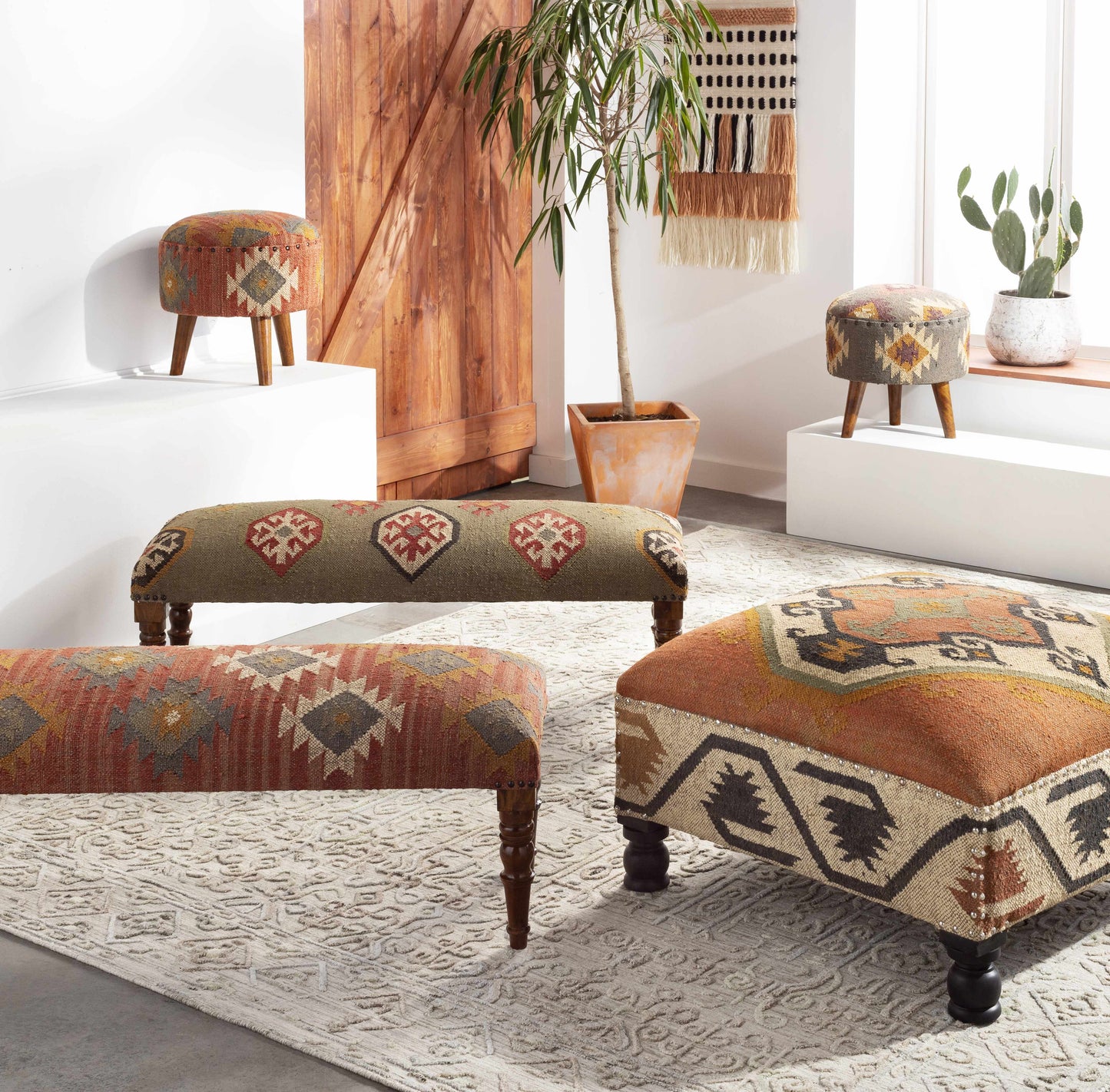 Brick Red Wood Frame Ottoman Stool-3
