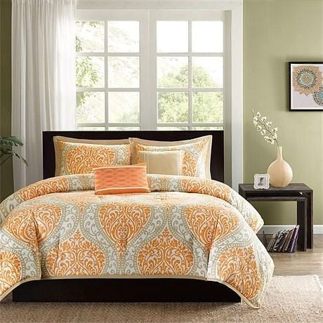 Twin size 4-Piece Orange White Damask Print Comforter Set-2