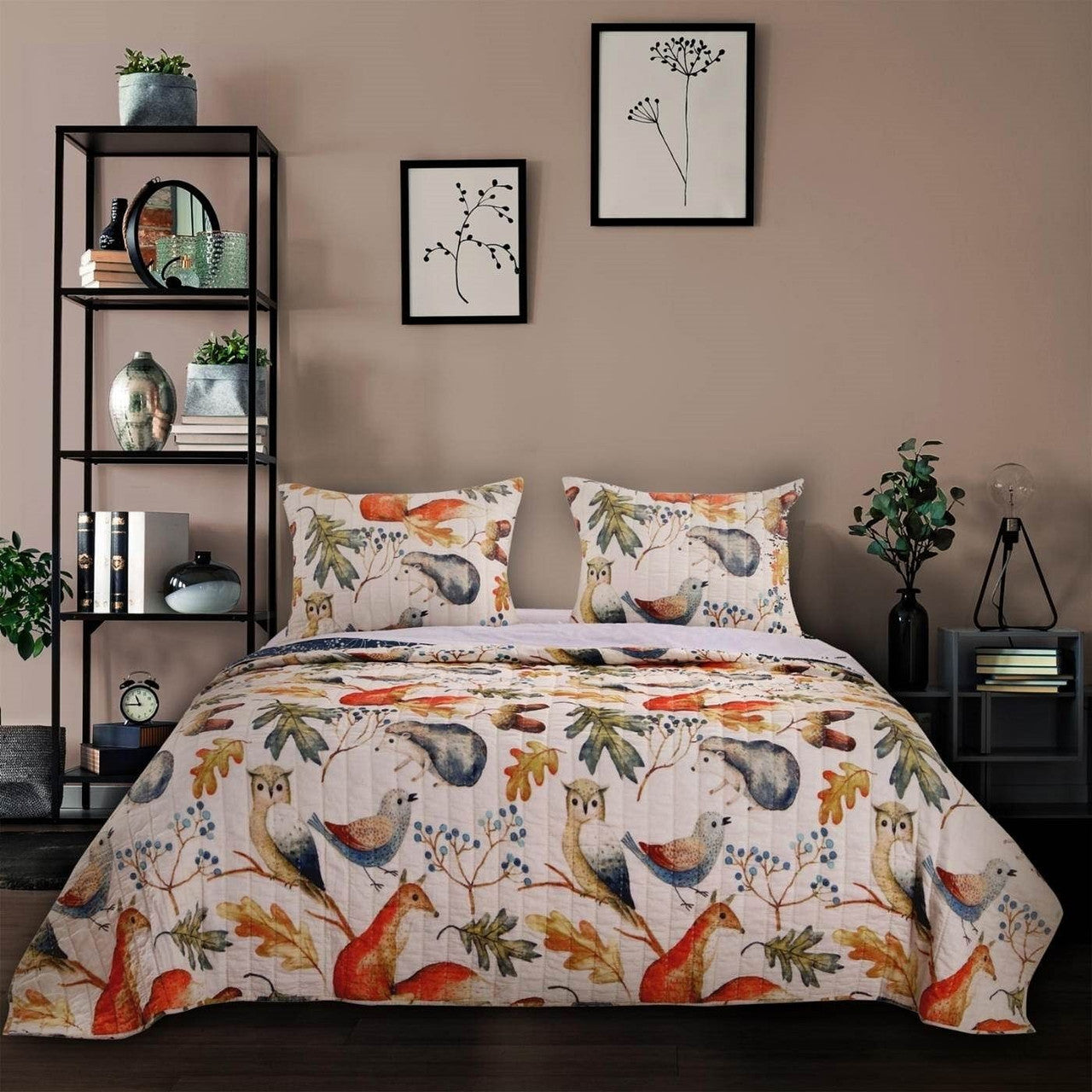 Twin 2-Piece Blue Beige Birds Animals Floral Reversible Quilt Set-1