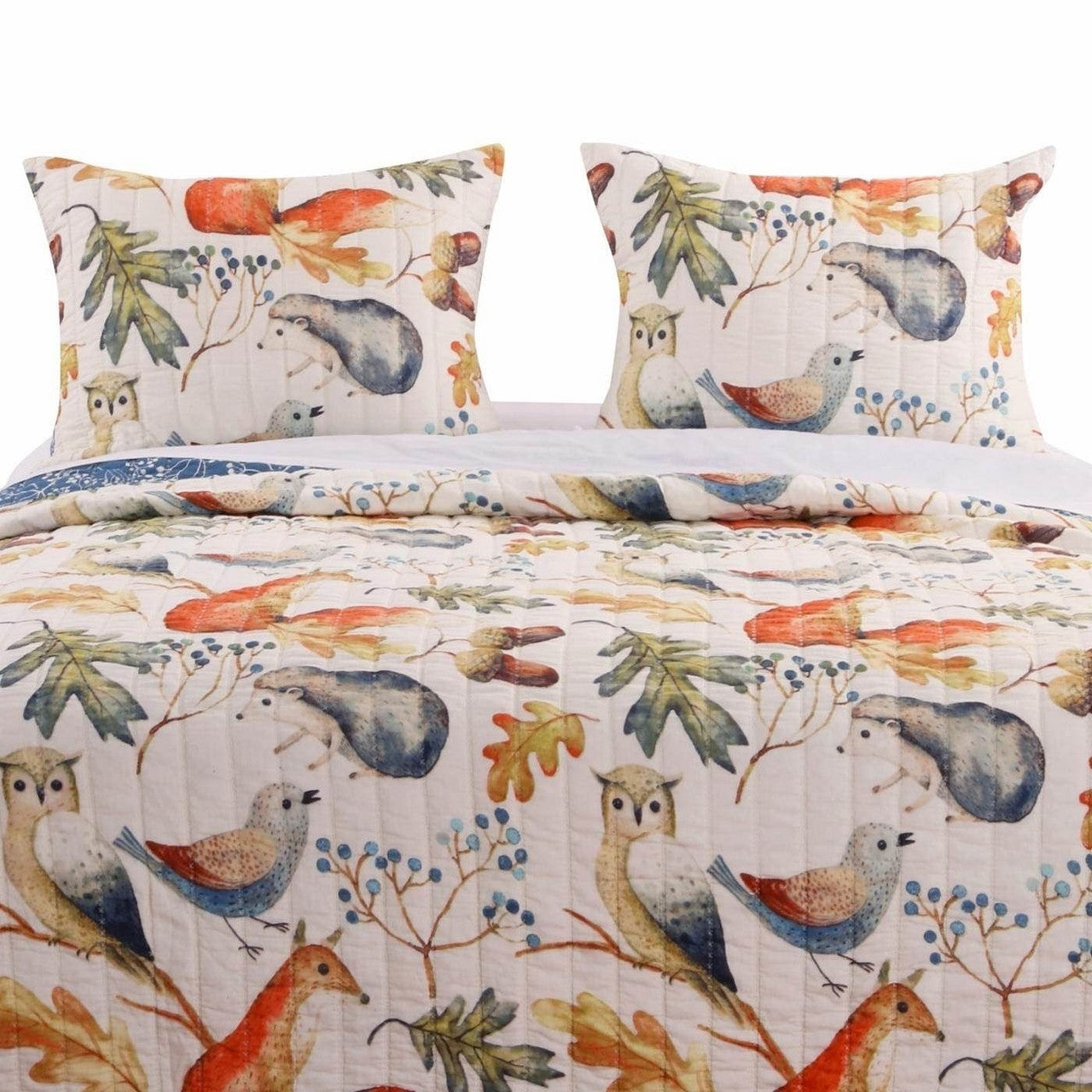 Twin 2-Piece Blue Beige Birds Animals Floral Reversible Quilt Set-2