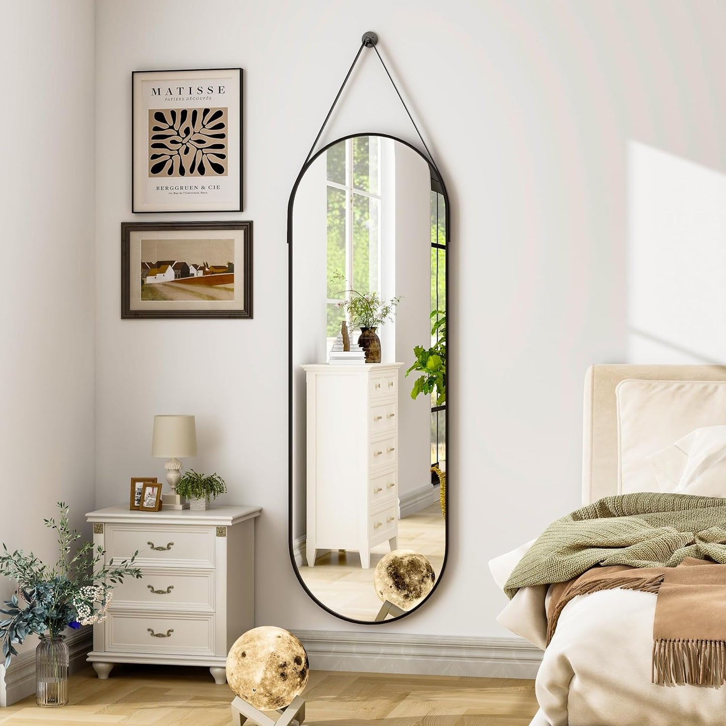 16"X48" Oval Hanging Mirror with Leather Strap Full Length Mirror Aluminum Frame Wall-Mounted Hanging Mirrors for Bathroom Vanity Living Room Bedroom Entryway Decor-2