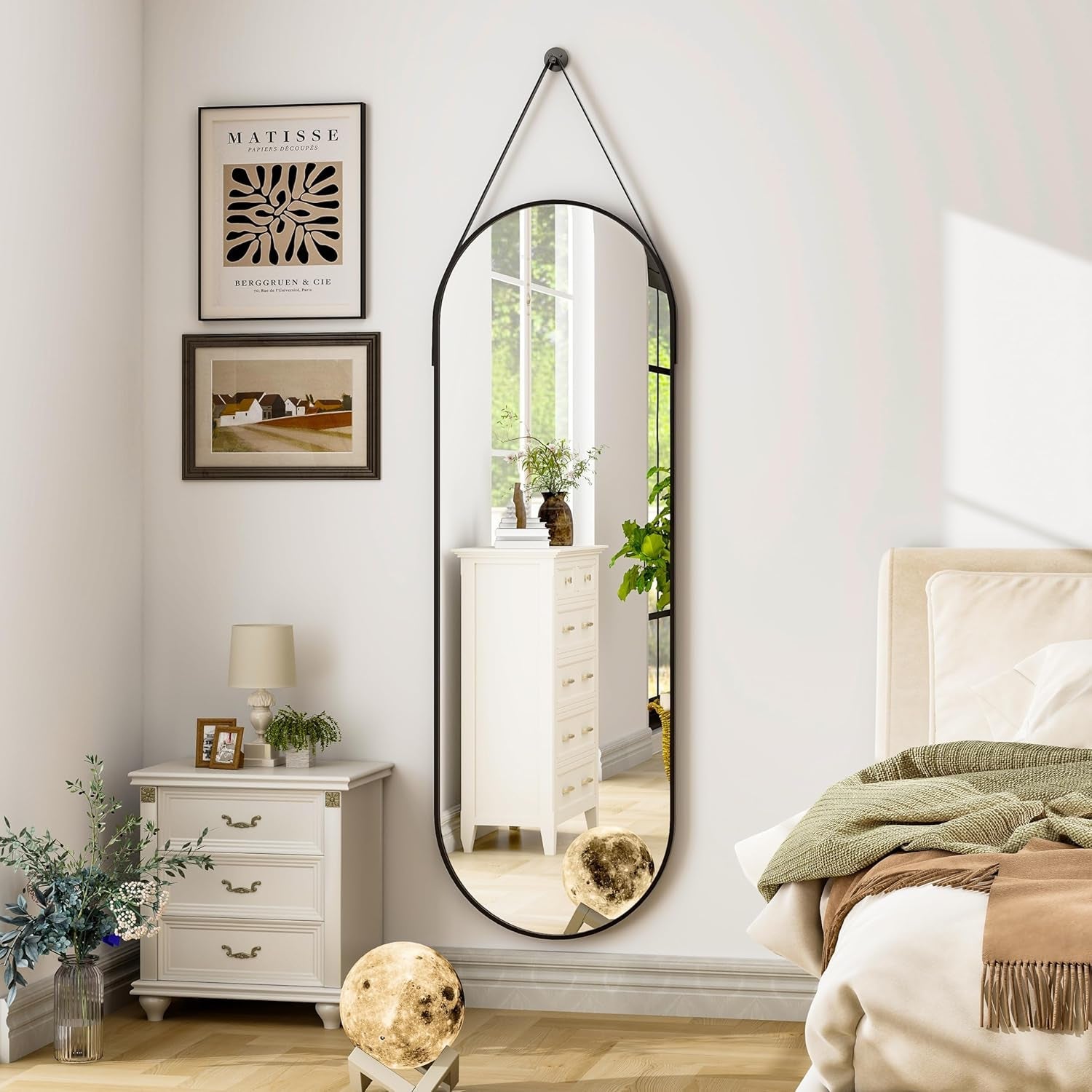 16"X48" Oval Hanging Mirror with Leather Strap Full Length Mirror Aluminum Frame Wall-Mounted Hanging Mirrors for Bathroom Vanity Living Room Bedroom Entryway Decor-2