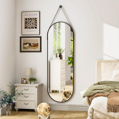 16"X48" Oval Hanging Mirror with Leather Strap Full Length Mirror Aluminum Frame Wall-Mounted Hanging Mirrors for Bathroom Vanity Living Room Bedroom Entryway Decor-2