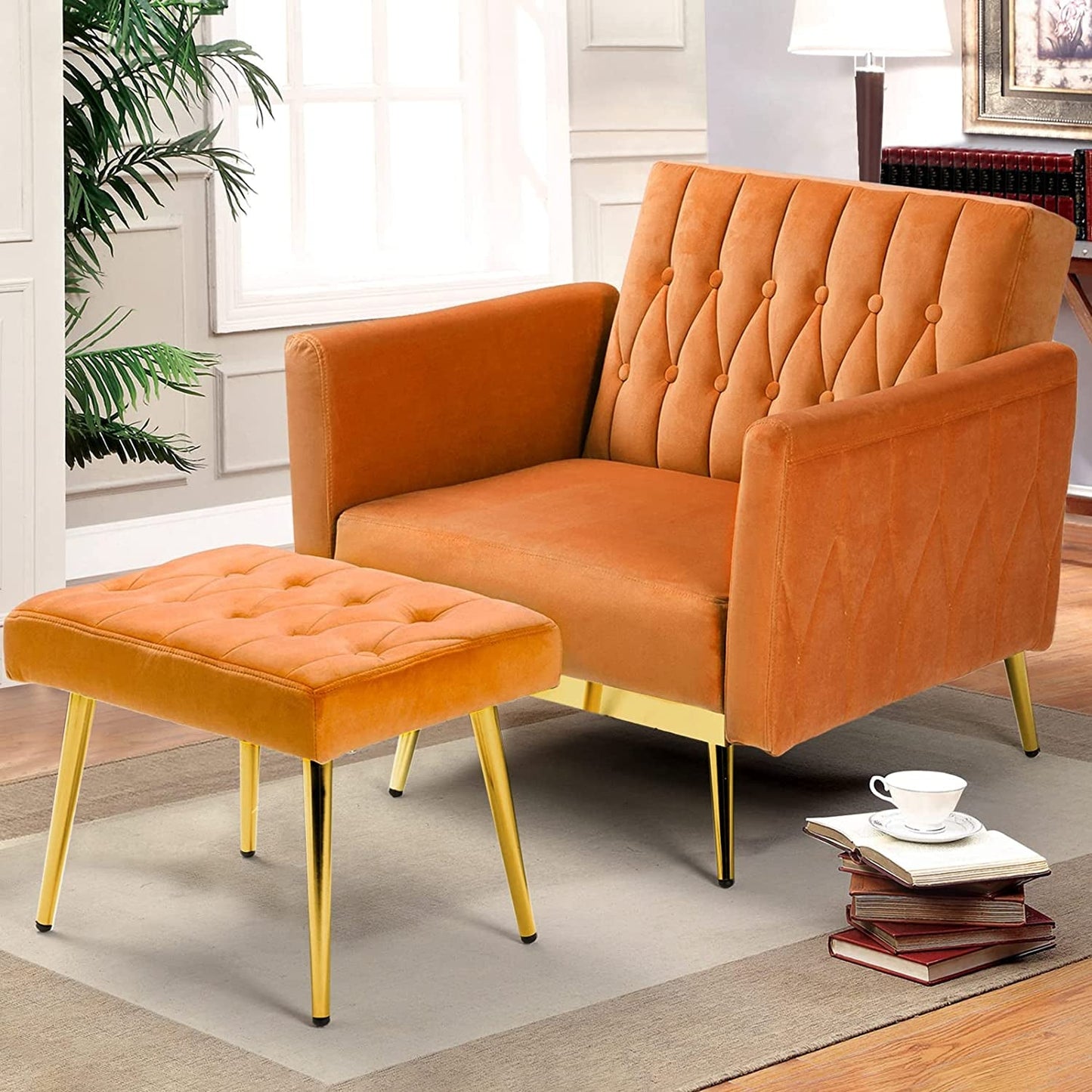 Velvet Accent Chair with Adjustable Armrests, Orange-0