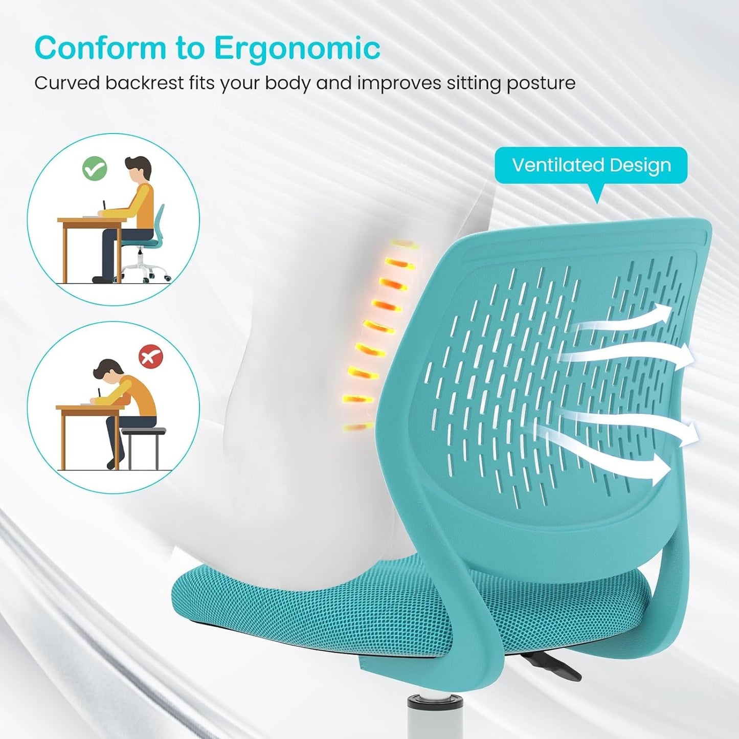 Kids Desk Chair, Adjustable Children Study Chair, Swivel Chair Armless Mesh Task Student Chair, Child Desk Chair with Adjustable Height & Lumbar Support Computer Chair, Turquoise-3