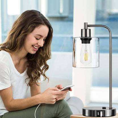 Industrial Touch Control Table Lamps Set of 2 - Black Nickel Bedside Lamps with 2 USB Ports & AC Outlet, 3-Way Dimmable Nightstand Desk Lamp for Bedroom Living Room, Glass Shade & 2 LED Bulbs Included-4