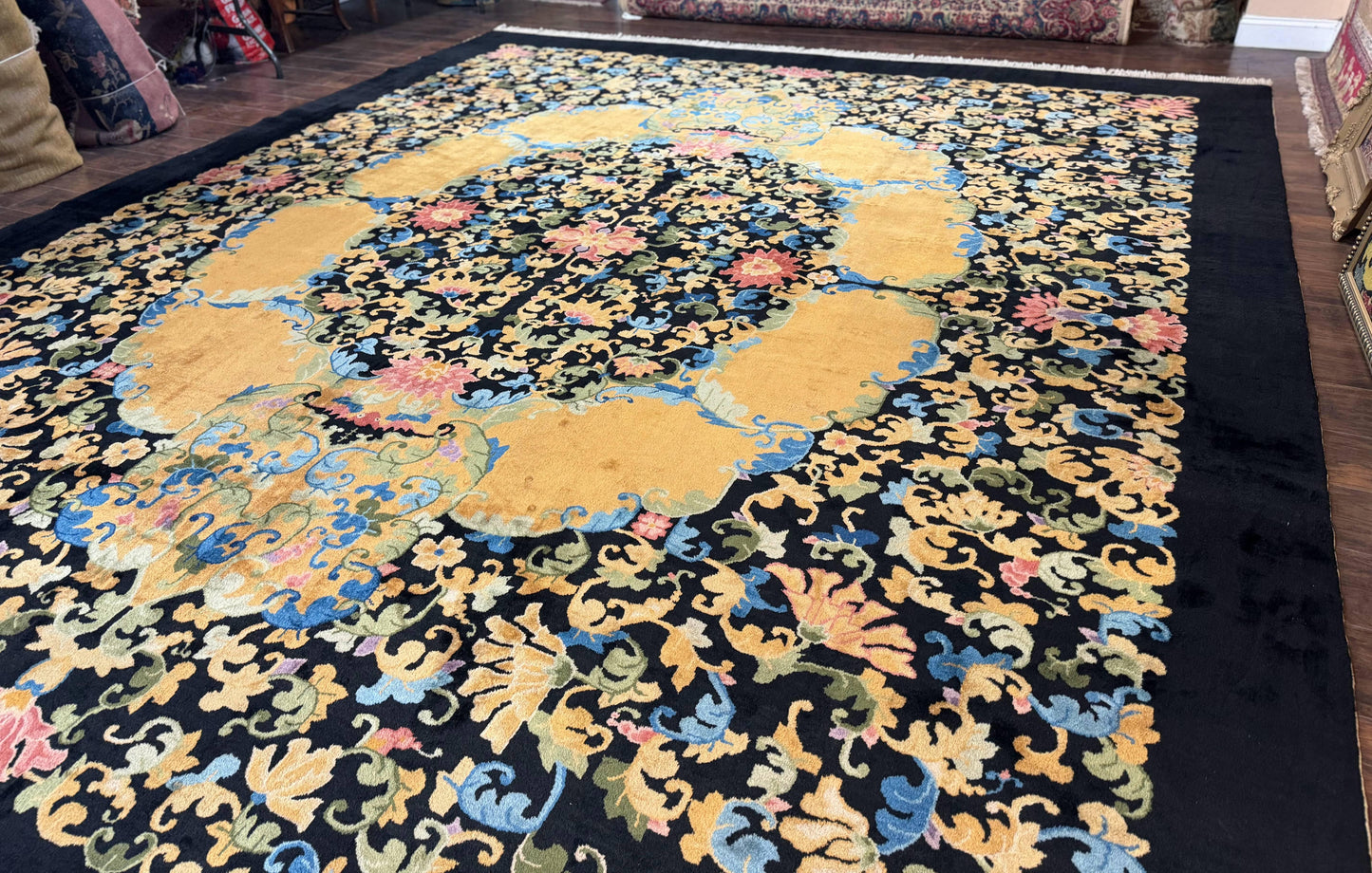 Antique Chinese Peking Rug 12.6 x 14.9, Palace Size Asian Oriental Carpet, Art Deco Rug, Rare-1