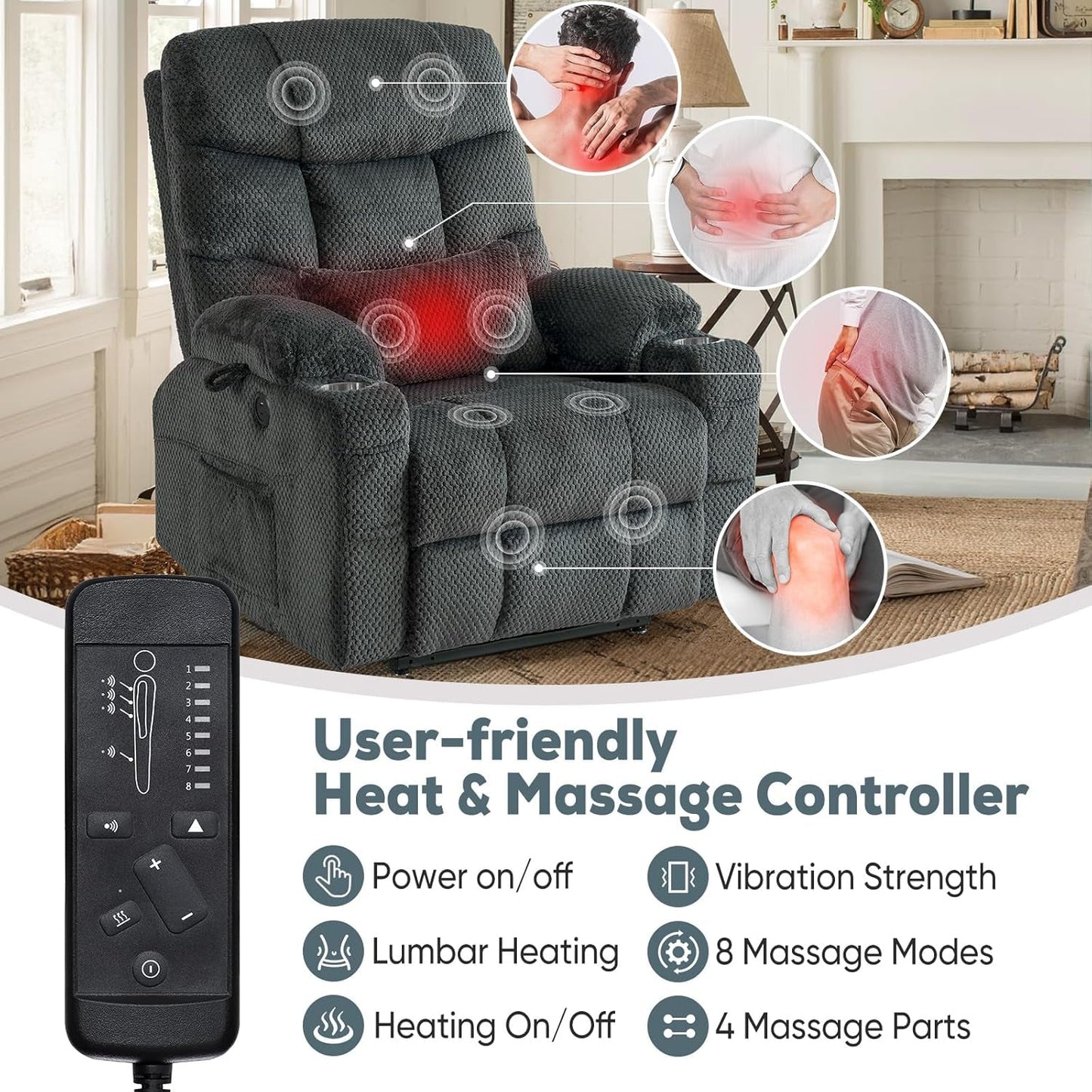 Large Dual Motor Lay Flat Power Lift Recliner Chair Set of 2 for Elderly with Massage and Heat, Textile Oversized Recliner Chair, Lift Chairs Recliner with Lumbar Pillow, Cup Holder, Grey-3