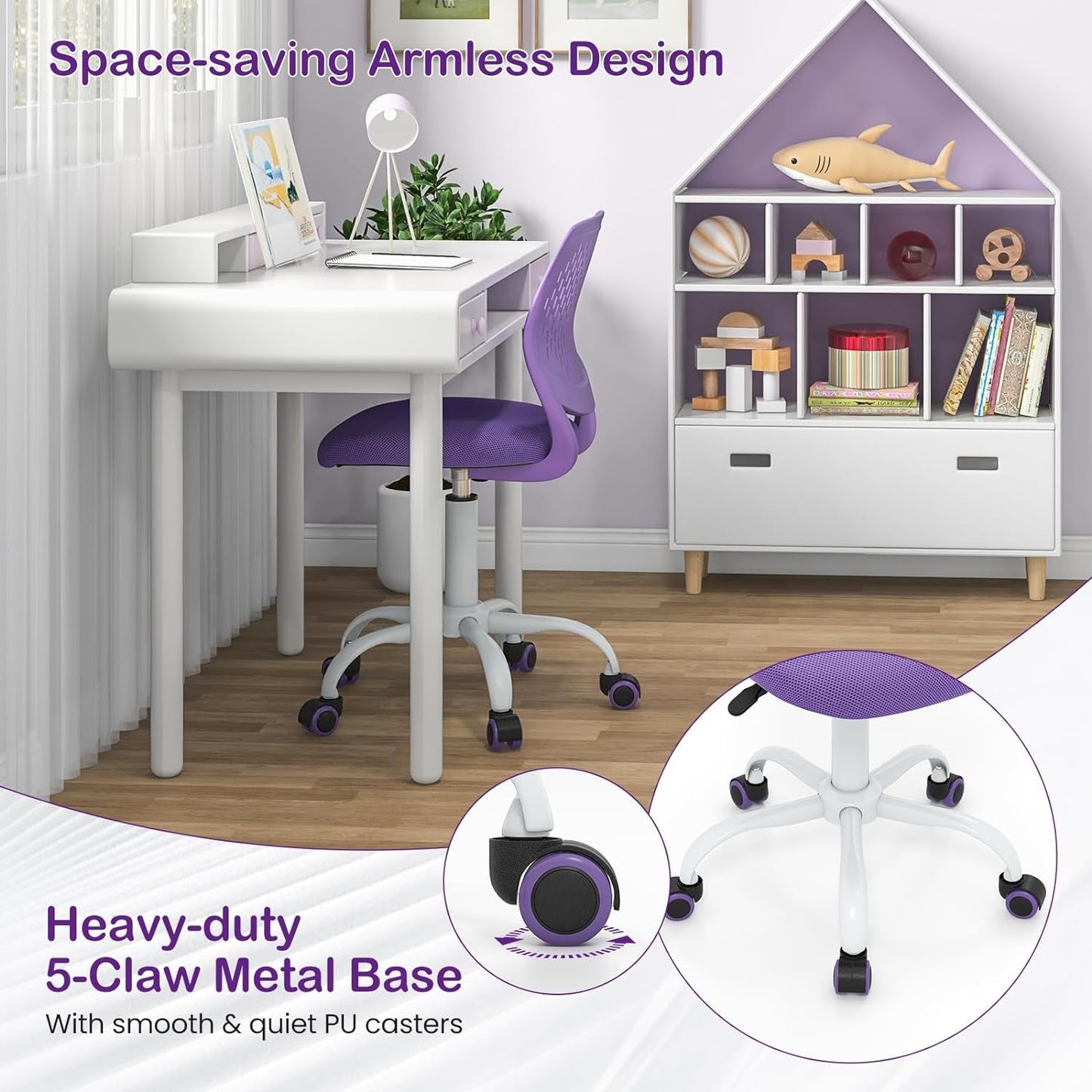 Kids Desk Chair, Adjustable Children Study Chair, Swivel Chair Armless Mesh Task Student Chair, Child Desk Chair with Adjustable Height & Lumbar Support Computer Chair (Purple)-4