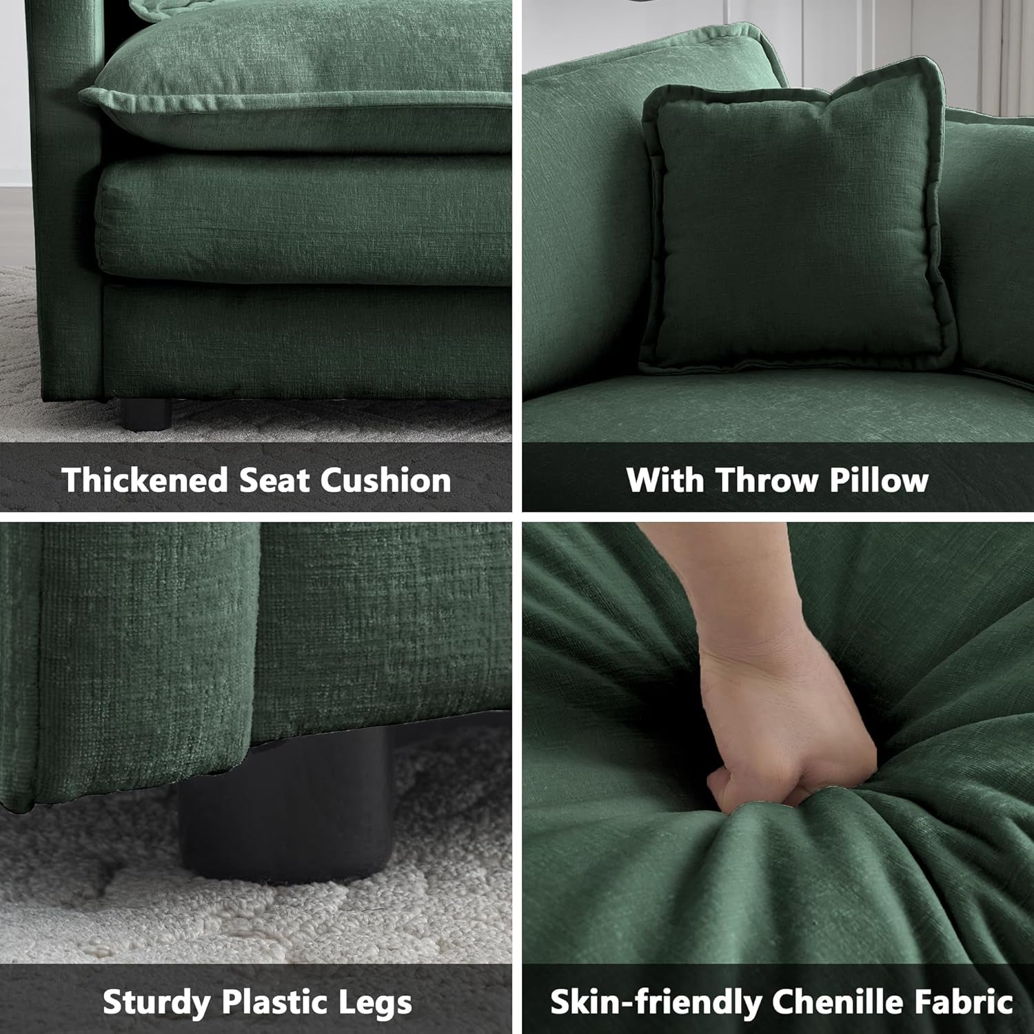 Luxury 2 Piece Loveseat Couch & Sofa Armchair Set, Modern Upholstered Chenille Cloud Couches Set Furniture with 5 Pillow for Living Room Bedroom Office Apartment, Evergreen-4