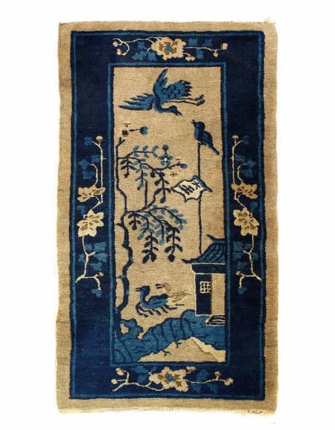 Canvello Antique Chinese Art Deco Blue Wool Rug - 2'2'' X 3'11''-0
