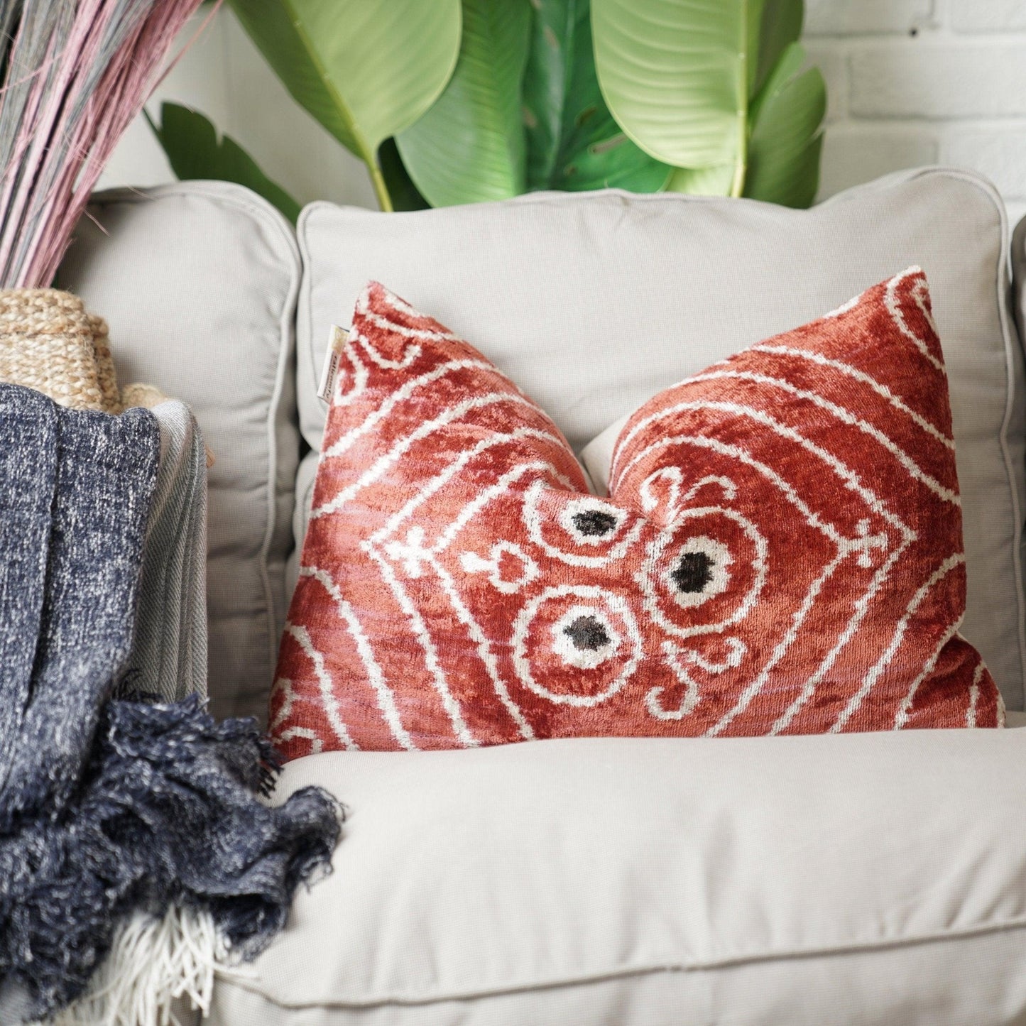 Canvello Handmade Red Brown Floral Throw Pillow with Down Insert -16"X24"-2