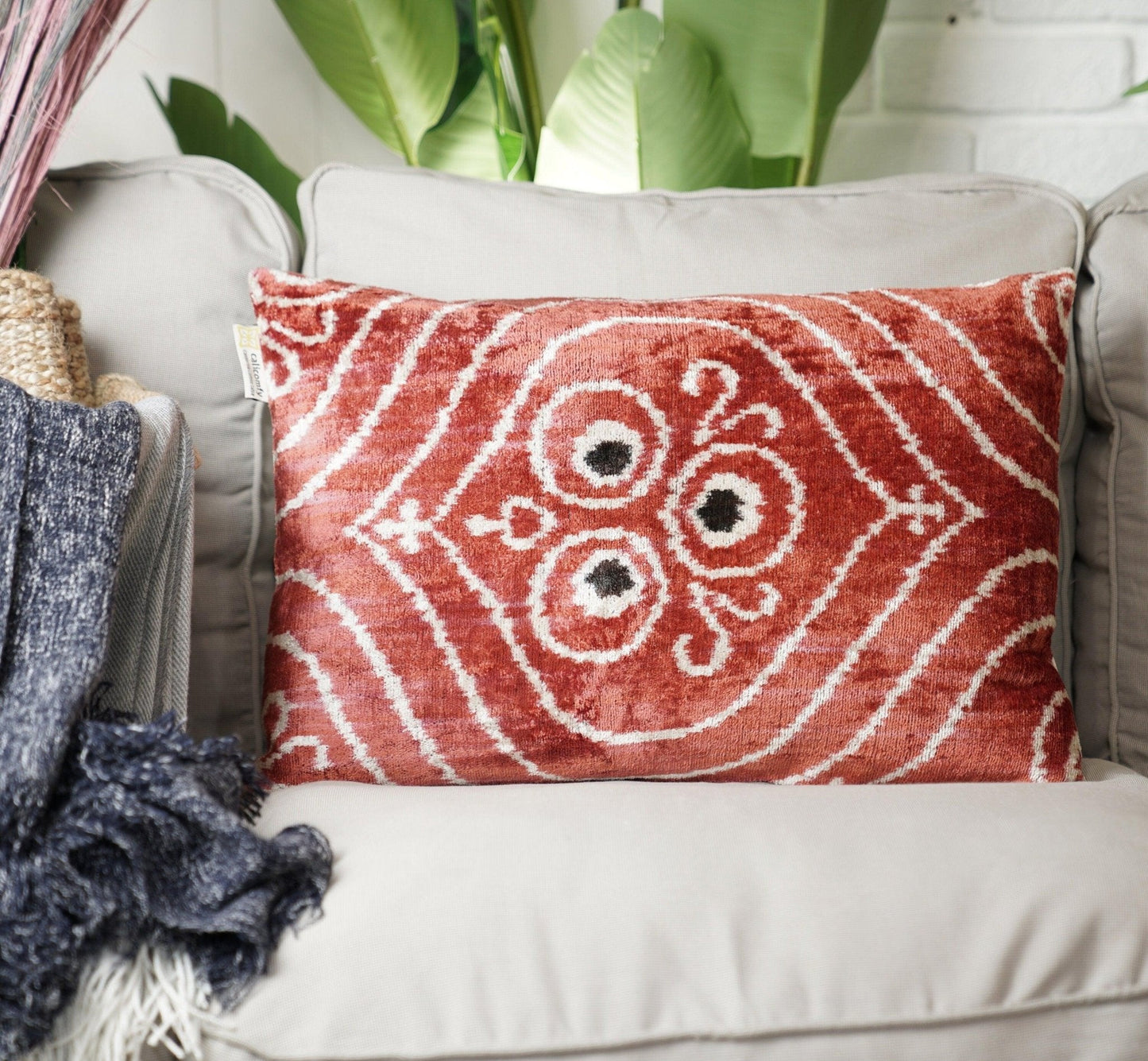 Canvello Handmade Red Brown Floral Throw Pillow with Down Insert -16"X24"-1