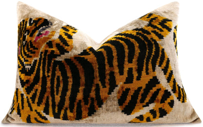 Canvello Luxury Velvet Lumbar Pillow,Tiger Design in Golden, Black, High-Quality 16x24 in Decorative Accent for Sofas, Couches, and Interior Design-0