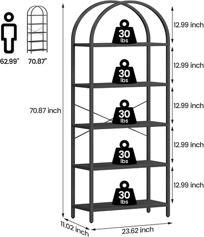Tall Black Arched Bookcase with 5 Open Shelves-2