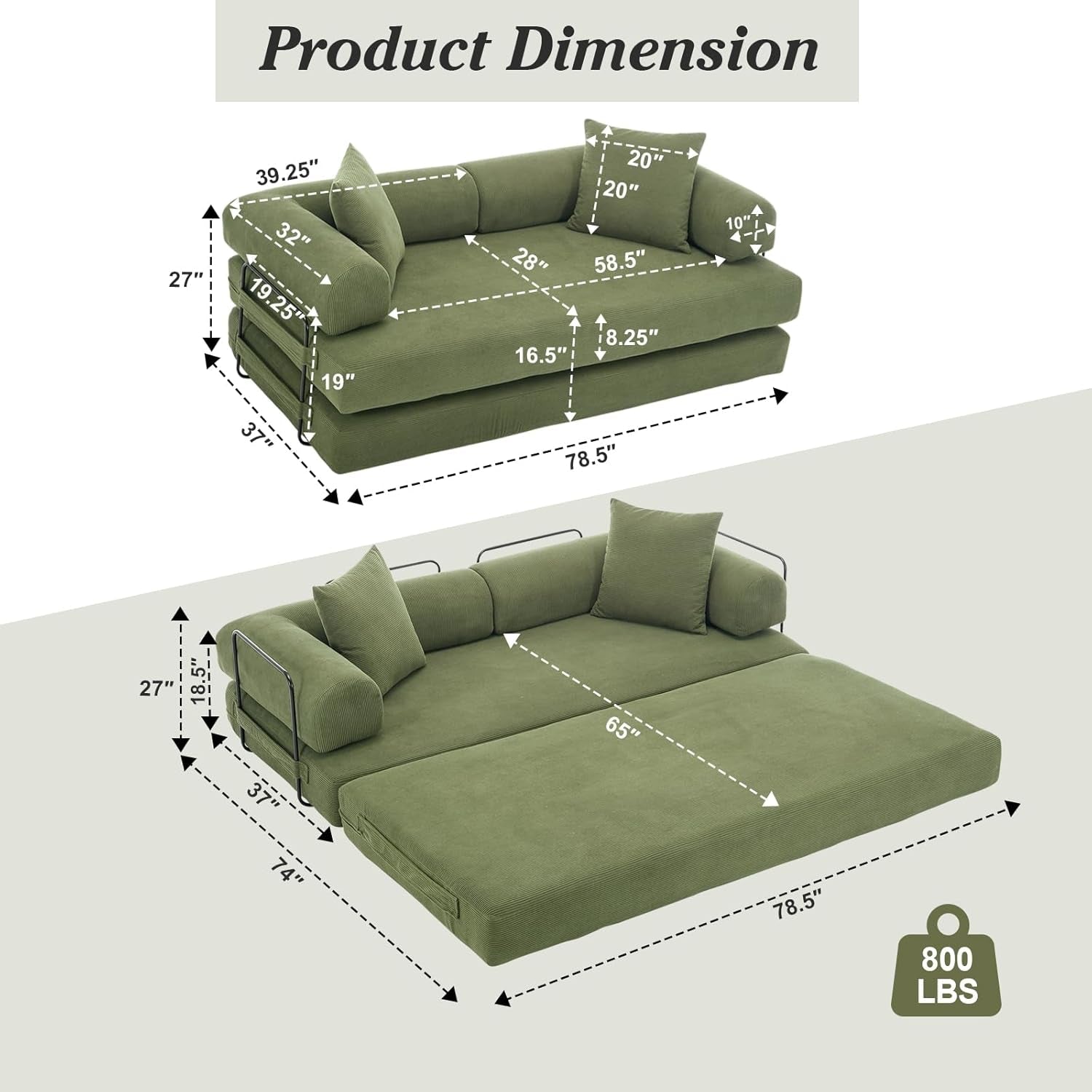 78.5 Inch Convertible Folding Sofa Bed with Versatility-2