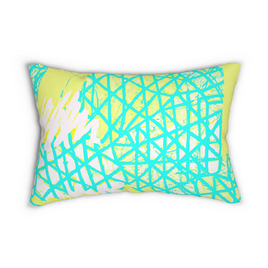 Decorative Lumbar Throw Pillow - Cyan Blue Lime Green and White Pattern-0